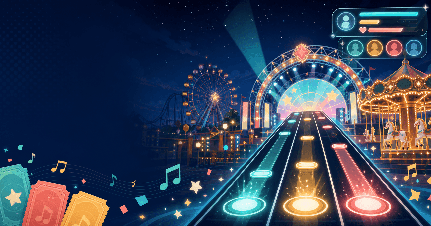 Original rhythm RPG guide artwork with a glowing theme park stage and note lanes